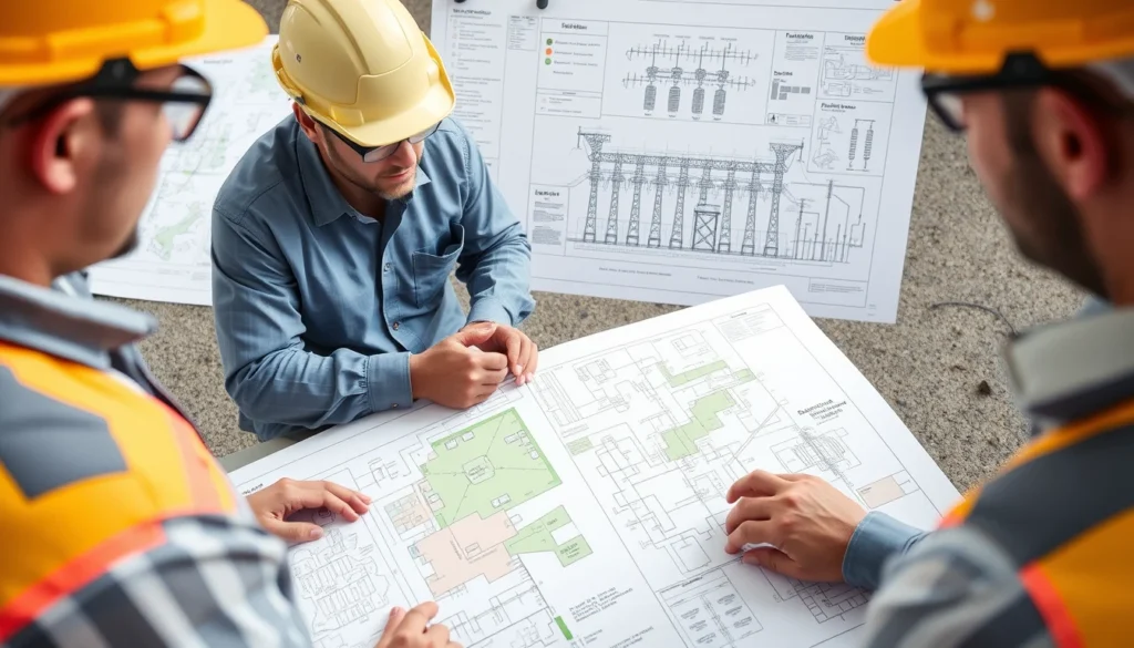 Engineers reviewing site selection and design plans for a substation project, highlighting technical drawings and the complexity of planning.