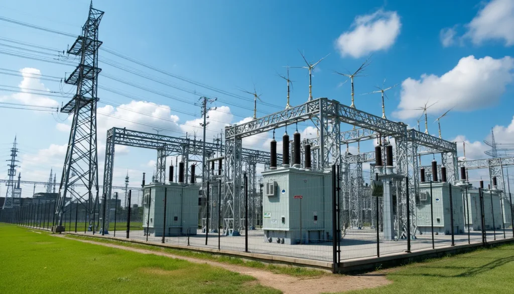 A generation electrical substation with high-voltage transformers, circuit breakers, and power lines under a bright blue sky with a power plant in the background. 