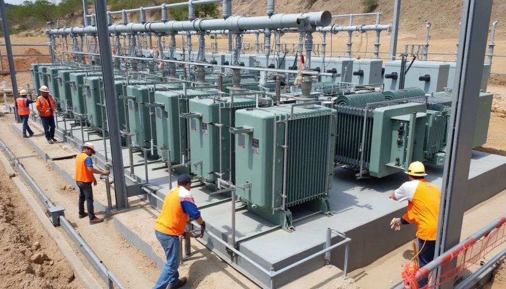 Electrical substation construction with workers installing transformers and equipment, showcasing site preparation, equipment installation, and safety measures during the building process.