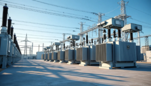 Photo of a large outdoor electrical substation with high-voltage transformers, switchgear, and circuit breakers in an industrial area.