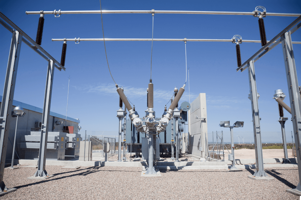 A substation yard with rigid bus supports.